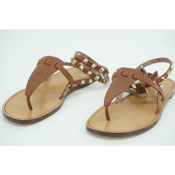Valentino Rockstud brown Leather Ankle Strap Flat Thong Sandals Size 36 NIB $895 - Picture 5 of 12